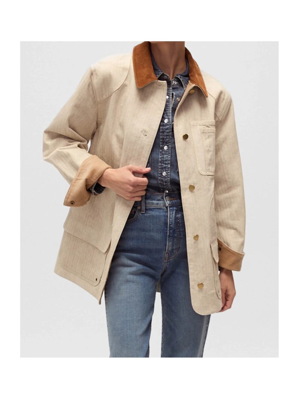 VERONICA BEARD Abbas Suede-Trimmed Cotton Field Utility Jacket Oversized L